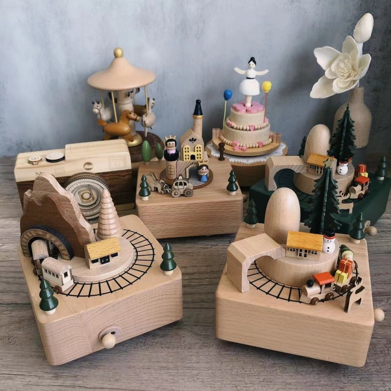Handmade wooden ferris wheel music box Christmas carousel hand rattle music box DIY creative desktop ornaments