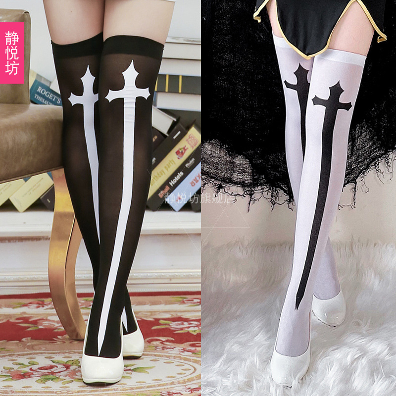 Resurrection Halloween Skull Cross Over-the-Knee Stockings cos Nuns Clothing Accessories Diablo Lori Over-the-Knee Stockings