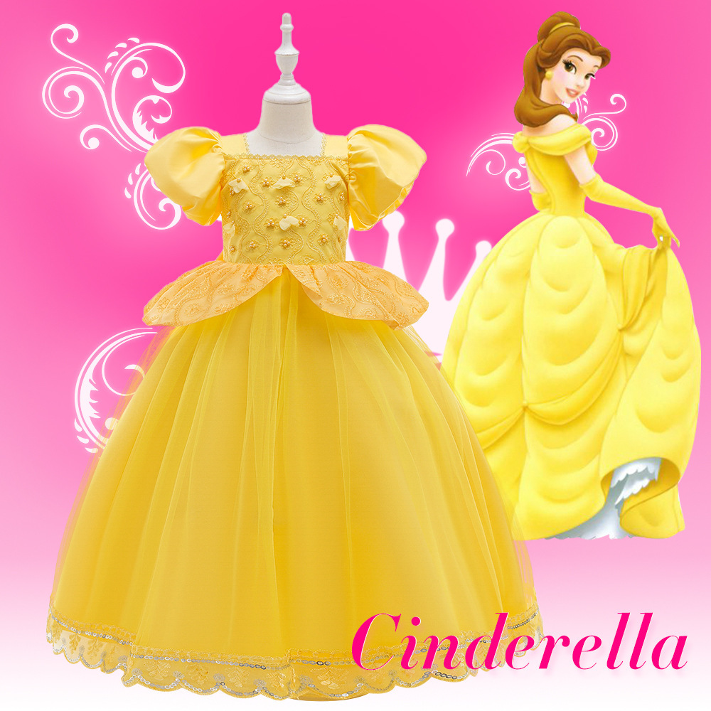 Frozen Princess Dress Embroidered Mesh Long Dress Bubble Sleeve Girls Stage Dress Girls Gown Wholesale