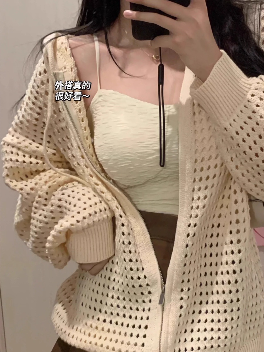 Hollow Design Sense Hooded Knitwear Outer Thin Jacket Korean Style Spring and Summer Lazy Zipper Cardigan Top for Women