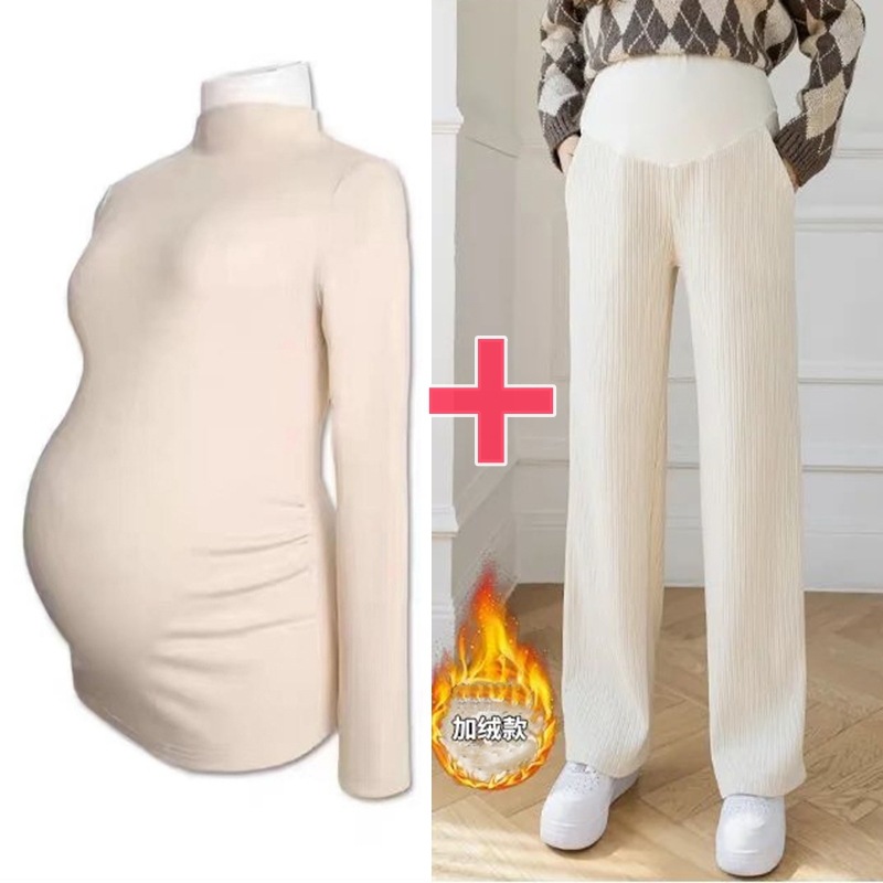 Picture of Pregnant women's clothing fashion spring autumn winter two-piece pregnant women adjustable abdominal pants solid color velvet warm bottoming shirt suit