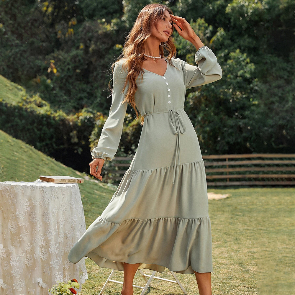 2024 Spring and Summer New European and American Loose Casual Home Waist Elegant Long-Sleeved Ruffle Dress Mid-Length Skirt for Women