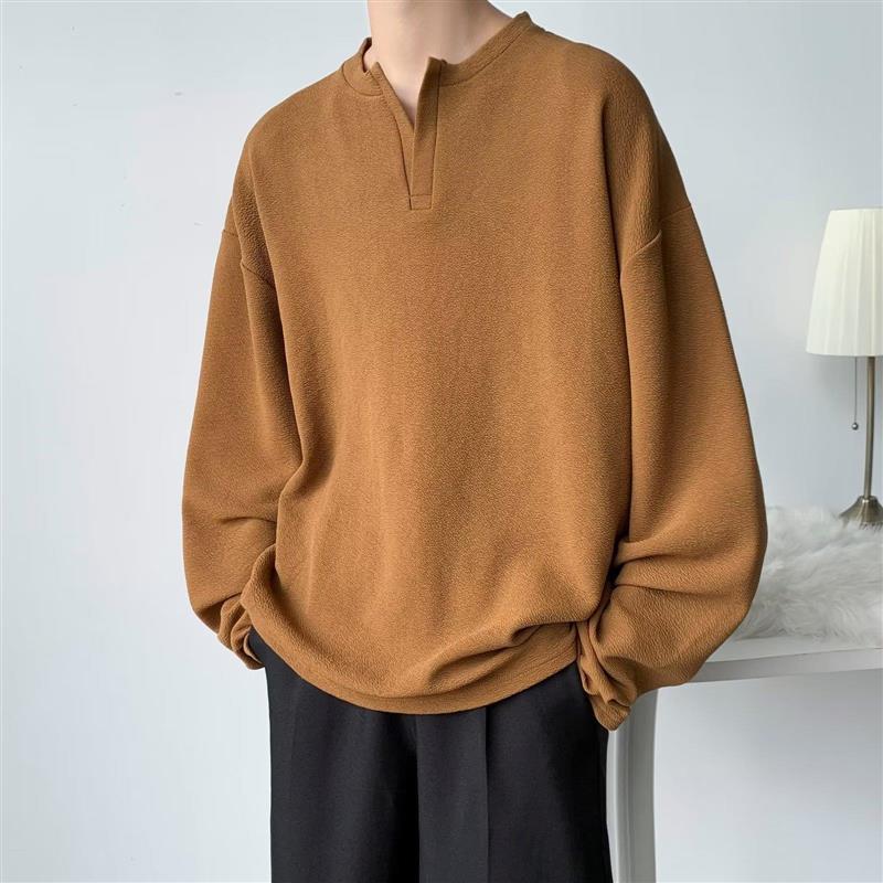 Spring and Autumn Solid Color Half-high Collar Sweater Outer Wear Men's Long-sleeved All-match Base Shirt Trendy ins Casual White T-shirt Top