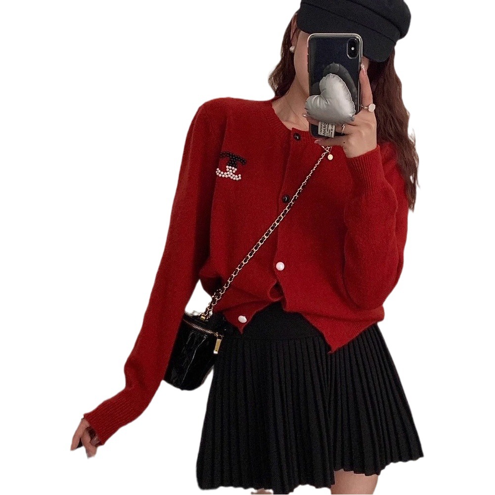 French Chanel style high-grade beaded single-breasted sweater for women 2024 spring new Chinese New Year red knitted cardigan