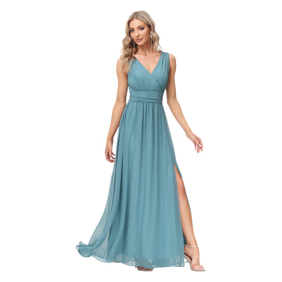 24 New European and American Women's Chiffon Long Dress Double V-neck Sleeveless A- pendulum Evening Dress Split Elastic Waist Section Ball Dress