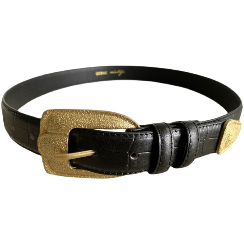 Retro Gold Buckle Belt French Leather Ins Style First Layer Cowhide Wide Belt Women's Versatile Belt Women's Coat