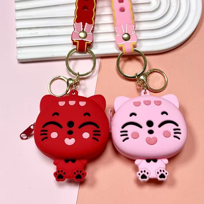 Bring in Wealth and Treasure Cat Silicone Coin Purse Children's Coin Purse Cartoon Key Bag Pendant with Hand Rope Silicone Bag Wholesale