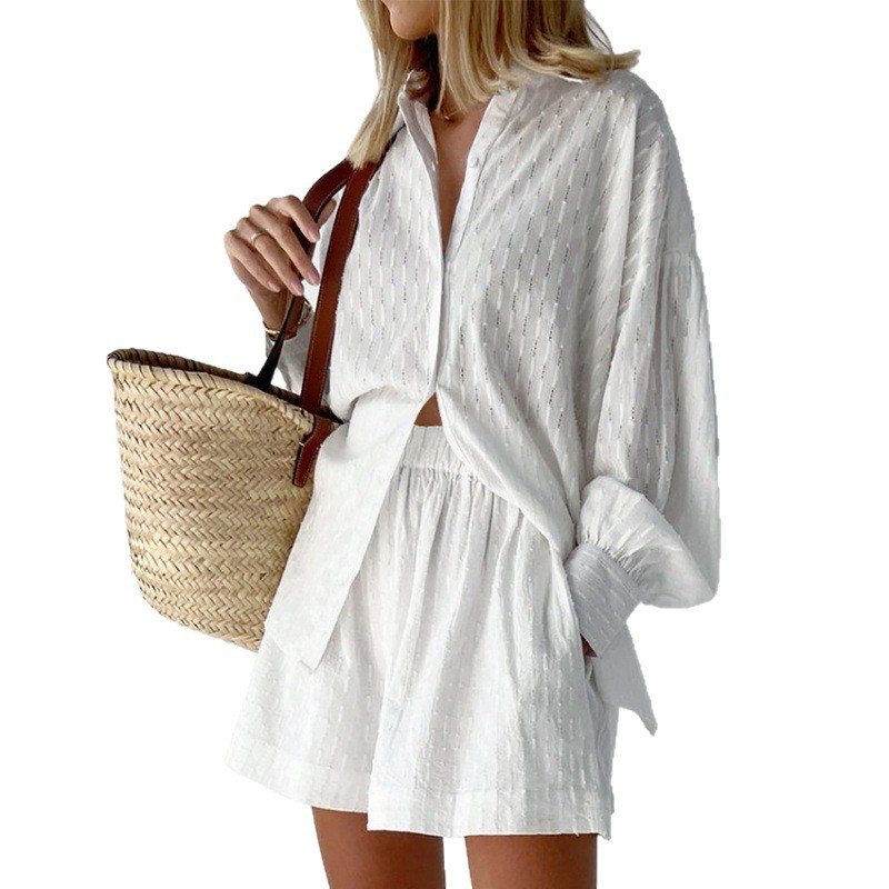 Picture of 2025 Amazon European and American Shirt Jacquard Bubble Sleeve Temperament Top Shorts Commuter Design Leisure suit