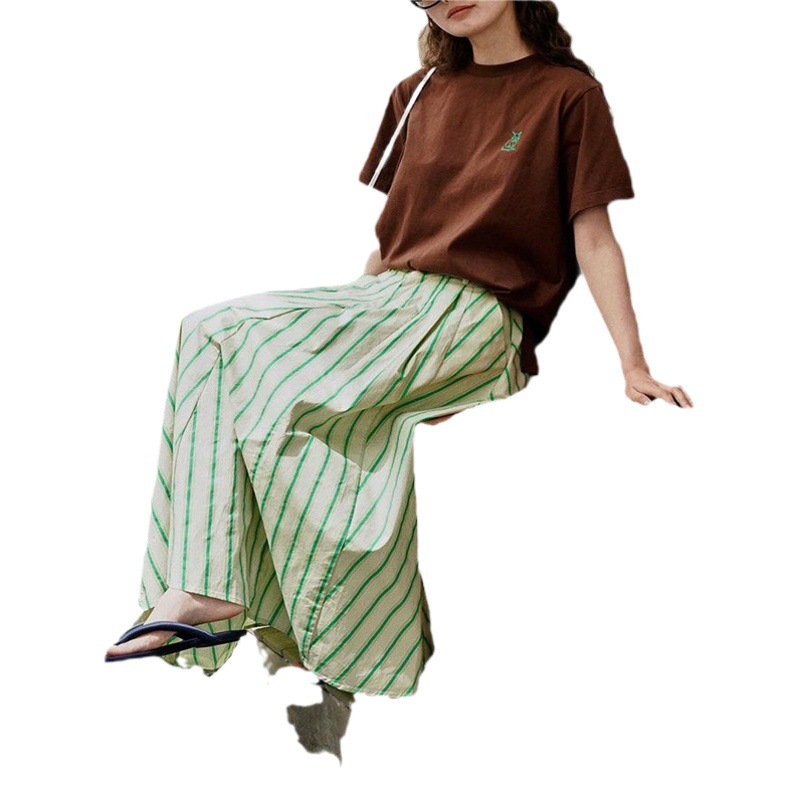 Korean Style Romantic Holiday Style Contrast Color Green Striped Skirt Women's Summer High Waist Slimming A- line Long Umbrella Skirt