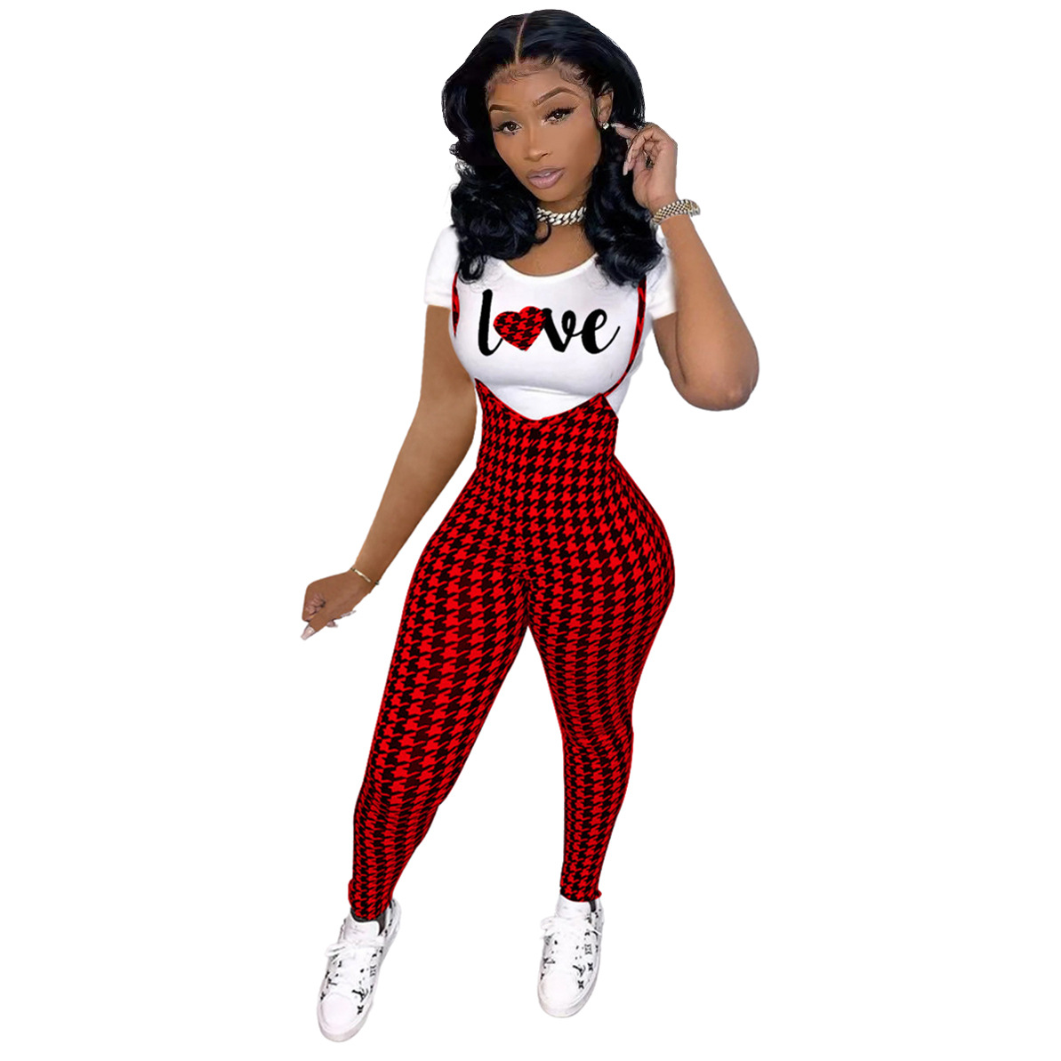 Picture of D9828 Amazon Hot Selling European and American Women's Fashion Pattern Printed Short Sleeve T-Shirt + Sling Jumpsuit Set