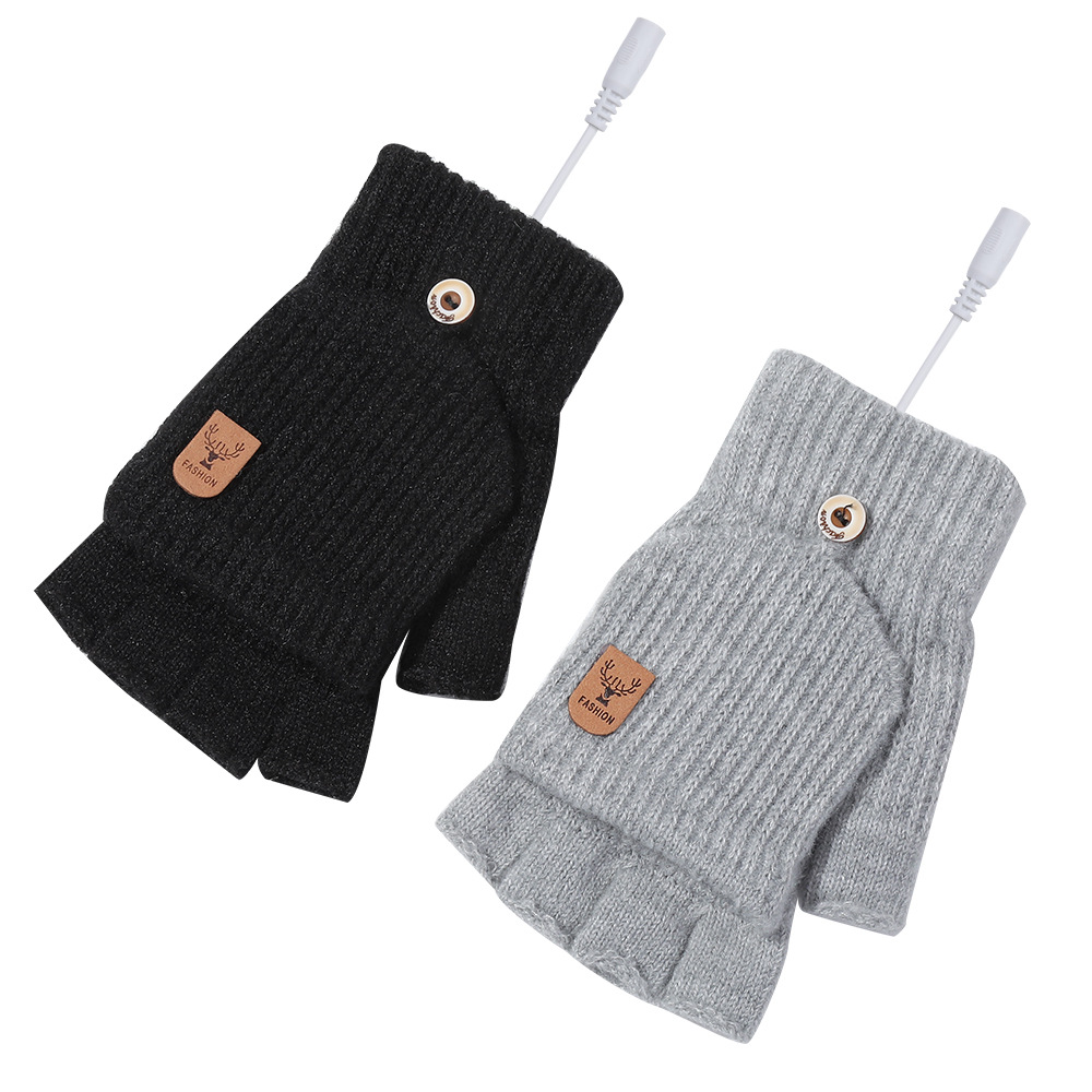 Cross-border USB Electric Warm Gloves Autumn and Winter Fever Five-finger Flip-on Gloves Knitted Outdoor Student Cold-proof Gloves