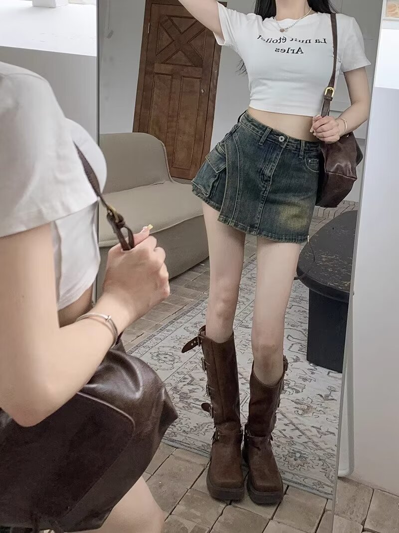 Vintage Denim Skirt Women's Spring Design Sense Niche Hip Skirt High Waist A- Line Short Skirt Anti-Light Culottes