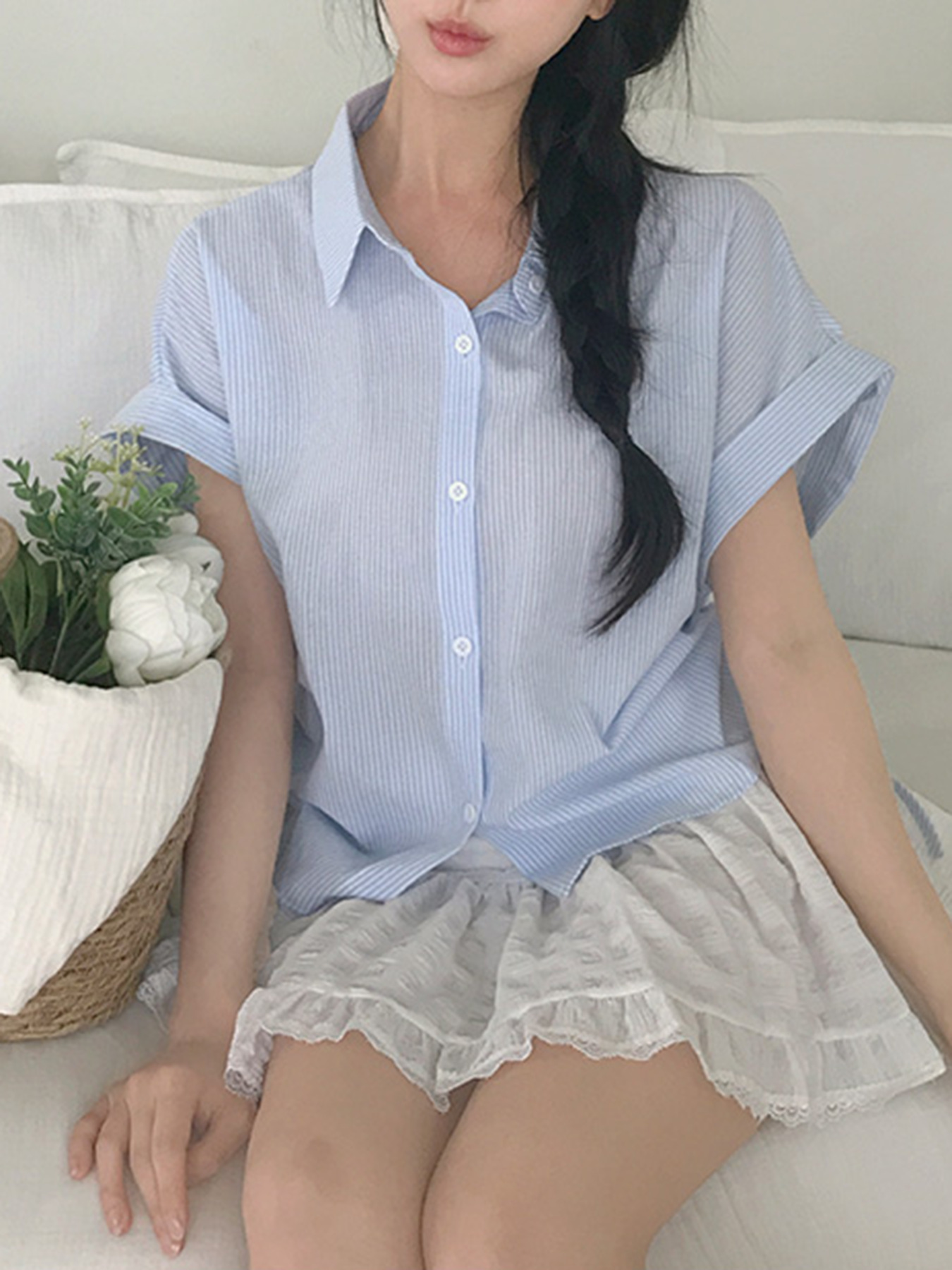 Picture of Chic French Plaid Drawstring Shirt for Women - Slim Fit Waist, Casual Short Sleeve Shirt with Collar
