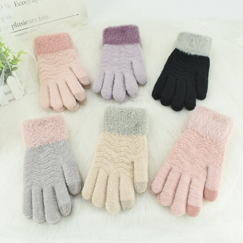 Gloves women's winter knitted plus velvet padded warm touch screen five-finger wool driving outdoor cold wave riding wholesale