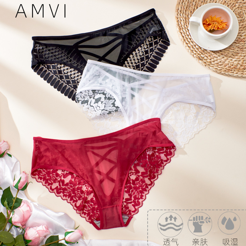 Women's sexy translucent plus size briefs cross lace solid color soft not tight underwear chubby girl wholesale