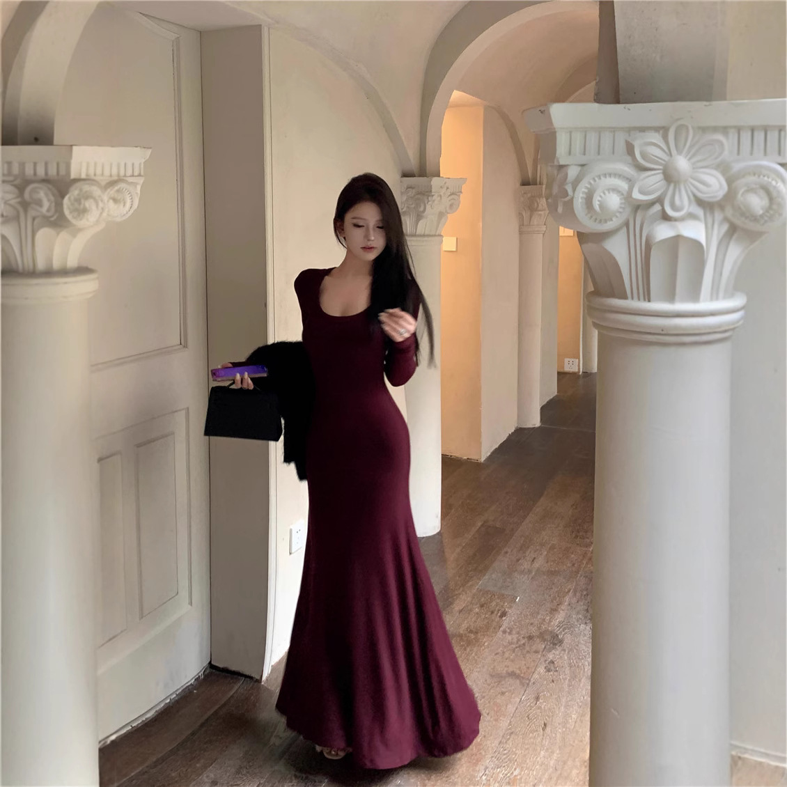 Hot Girl wine red Long-Sleeved dress Women's Elegant Hip Dress Simple Base Dress Slim-Fit Slimming Draped Midi Dress