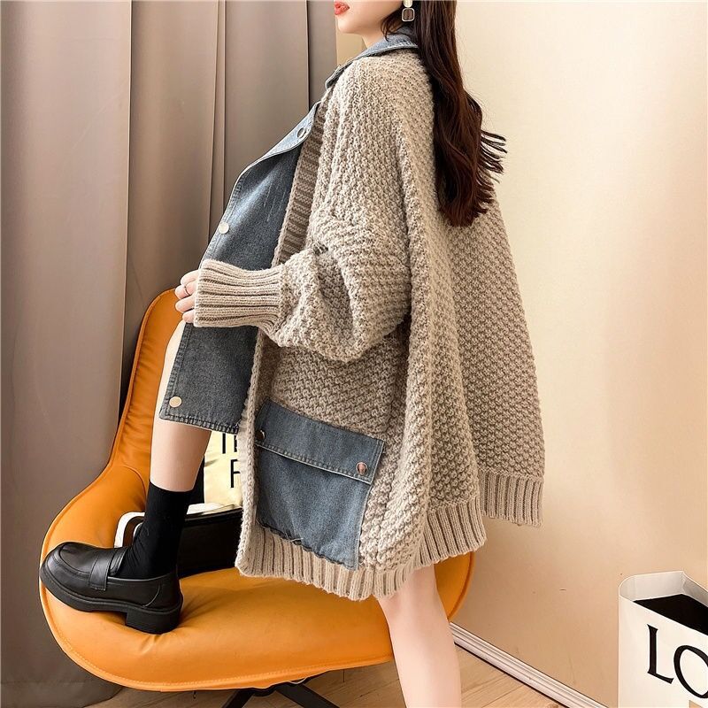 Cross-border Same Autumn and Winter Sweater Cardigan Women's Loose Outer Wear New Style Western Style All-match Lazy Style Denim Stitching Outer
