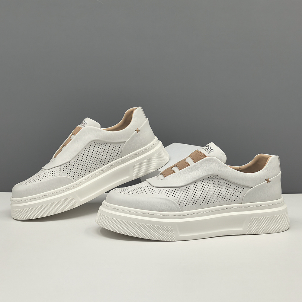 Boys first layer cowhide white board shoes men's trendy shoes hollow breathable European station men's shoes men's sports casual shoes