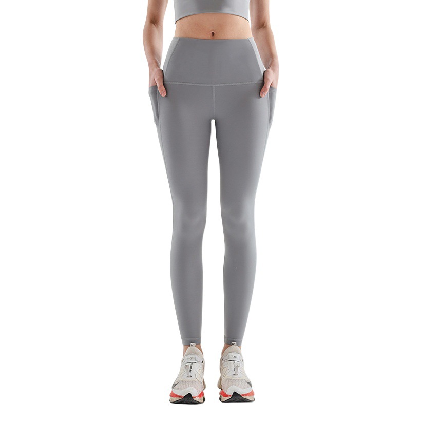 Double-sided Brocade Naked Sports Fitness Pants European and American Pocket Peach Hip Anti-curling High Waist Hip Yoga Pants for Women