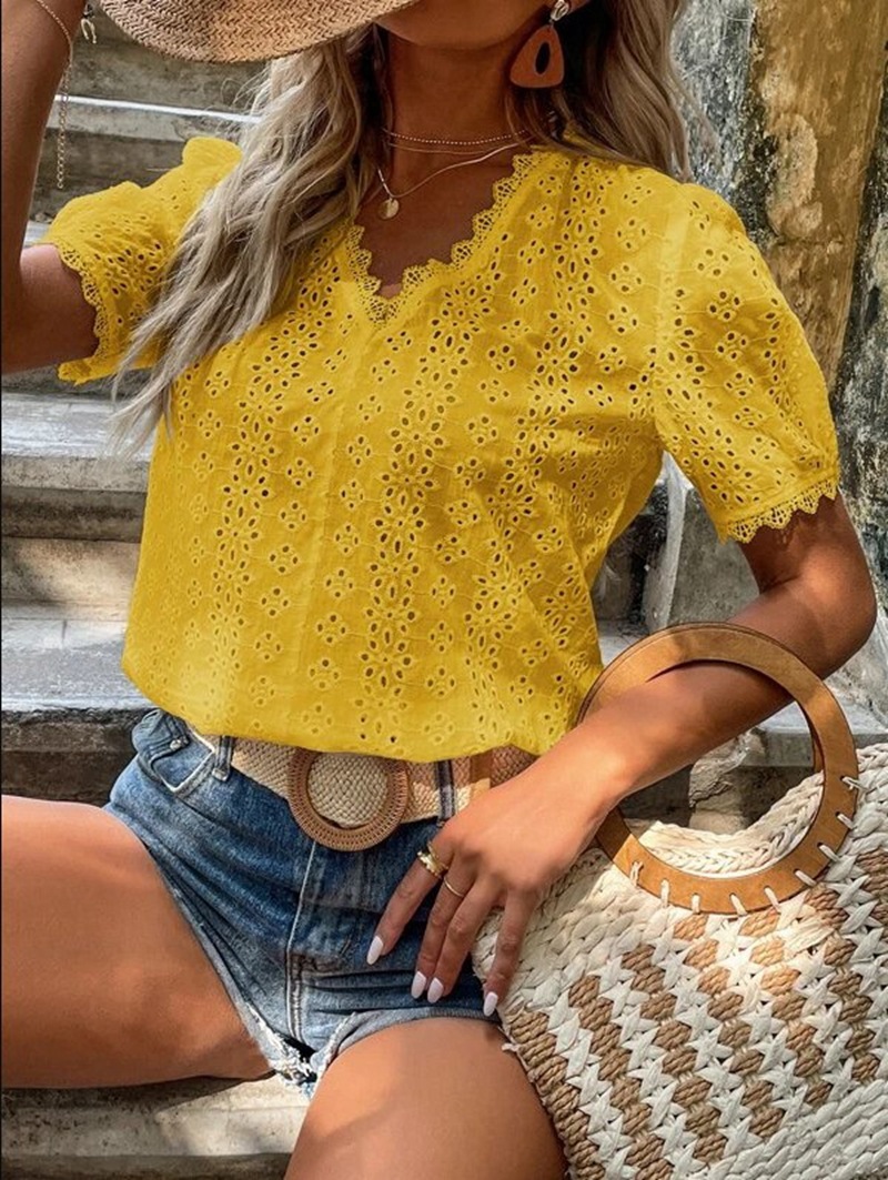 Picture of Summer New Amazon Ebay Independent Station European and American Summer New Pure Color Short-Sleeved Cut Out Shirt Cross-Border Spot