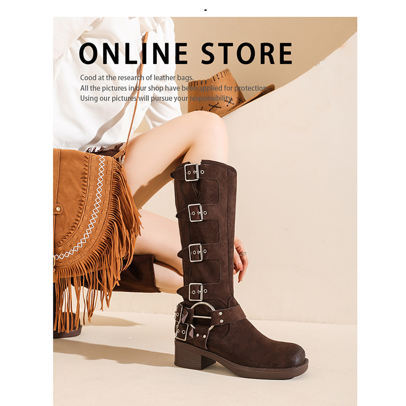Suede Cow Suede Miu Home Retro Rider Boots Belt Buckle High Boots But Knee Long Boots Brown Western Cowboy Boots