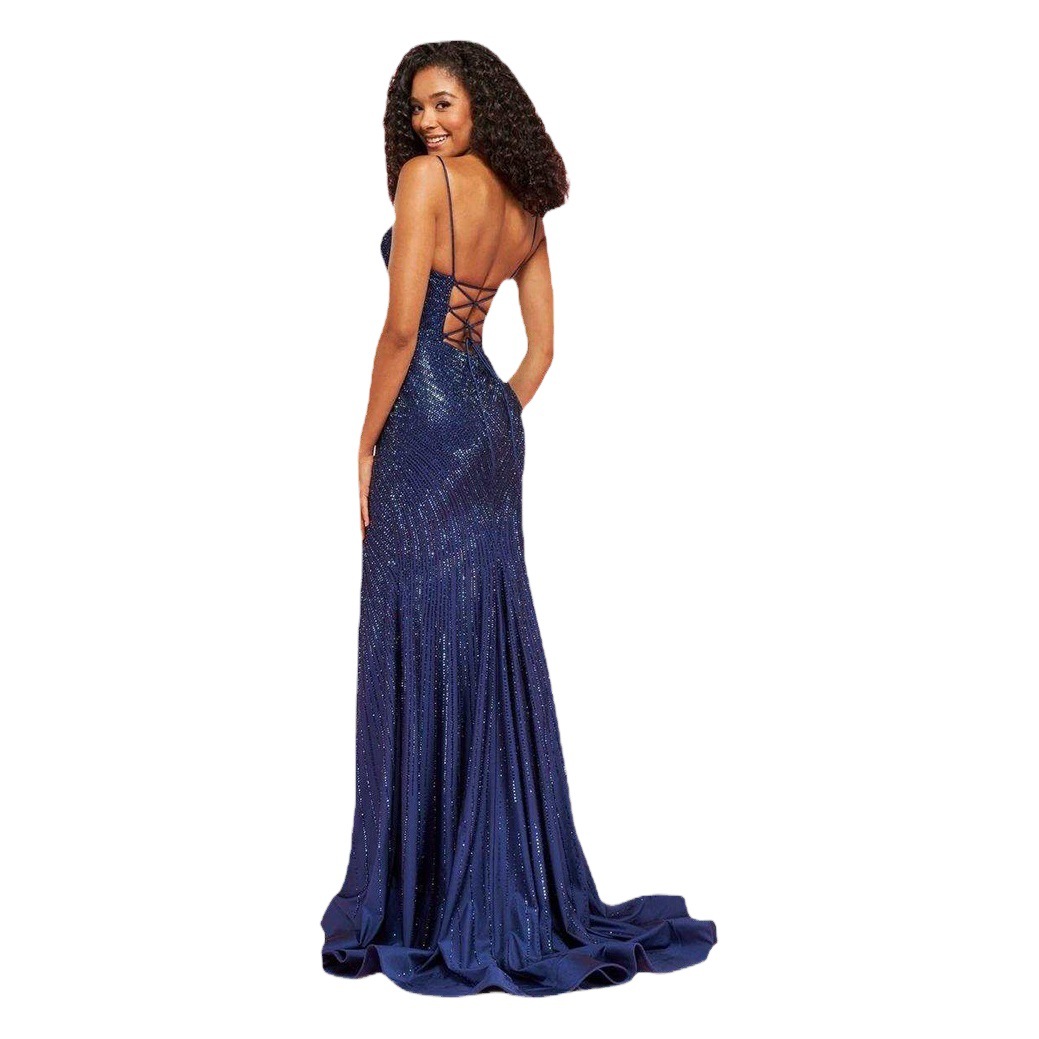 2025 Cross-Border Summer New European and American Clothing Socialite Sexy Sequined Backless Dress Slimming Look Slit Dress Long Skirt
