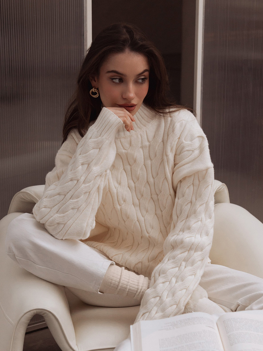 Cross-border half-turtleneck sweater, European and American 2025 autumn/winter new lazy style cable knit sweater, loose pullover sweater for women