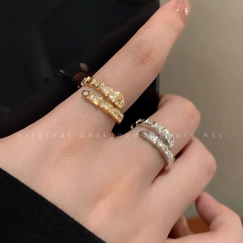 Super Flash Snake-Shaped Zircon Ring Women's Light Luxury High-End Niche Design Open Finger Ring Cool Style Distinctive Ring