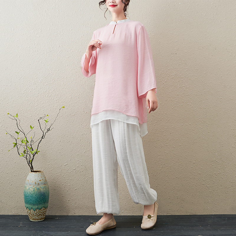 Picture of 2024 Spring and Autumn New Literary Retro Loose Cotton and Linen Zen Tea Suit National Style Tai Chi Suit Yoga Wear Two-Piece Set