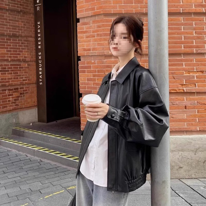 Picture of Retro Brown Leather Jacket Women's Short 2024 Spring and Autumn Small Korean Style Loose Leather Jacket Handsome Motorcycle Jacket