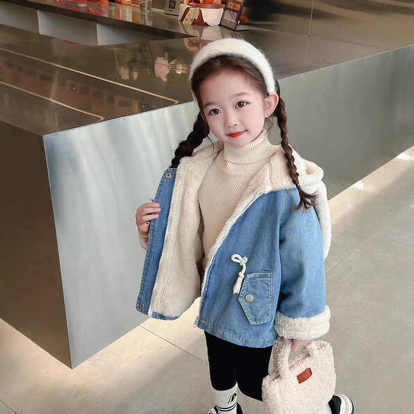 Picture of Korean Children's Winter New Girl Rabbit Ears fleece-lined Thickened Denim Coat Baby Imitation Rabbit Hair Warm Clothes