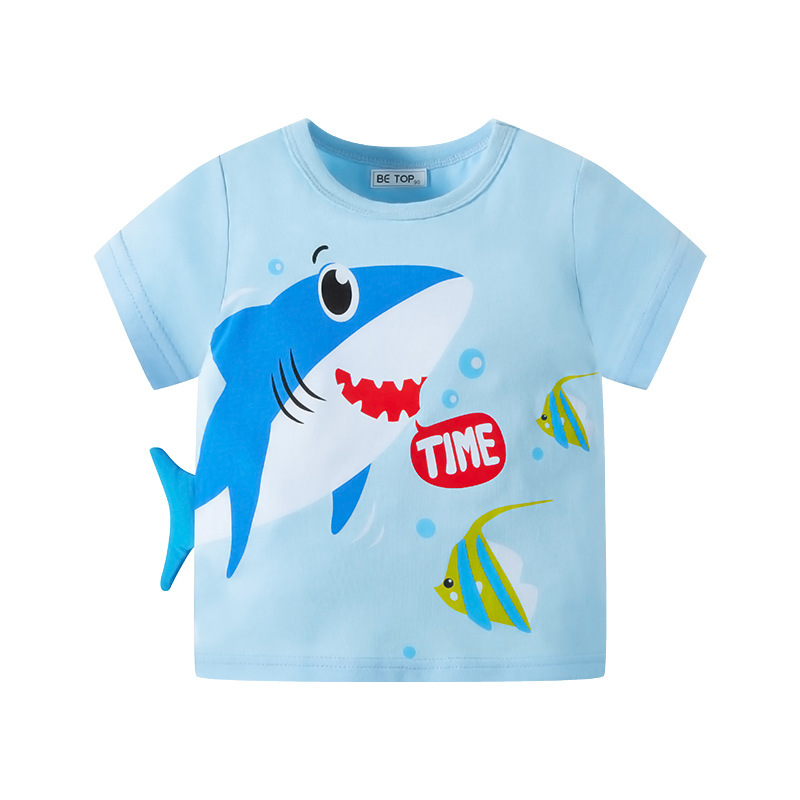 Picture of Customized New Children's Short-sleeved Cartoon Shark Top Boys' Pure Cotton T-shirt Summer Summer Dress One Piece Take Sample