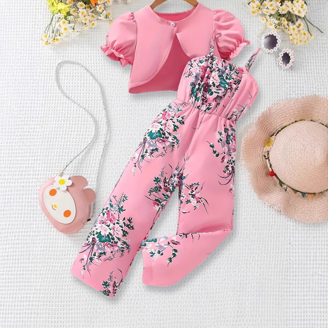 Cross-border foreign trade INS girls flower printed full print jumpsuit children's casual fashion suit suitable for 1-8 years old