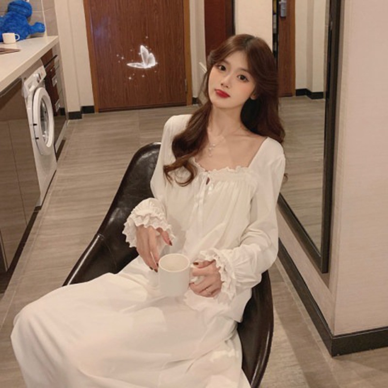 Spring and Autumn sweet princess style lace court lace long-sleeved nightdress women's loose long over-the-knee girl's home wear
