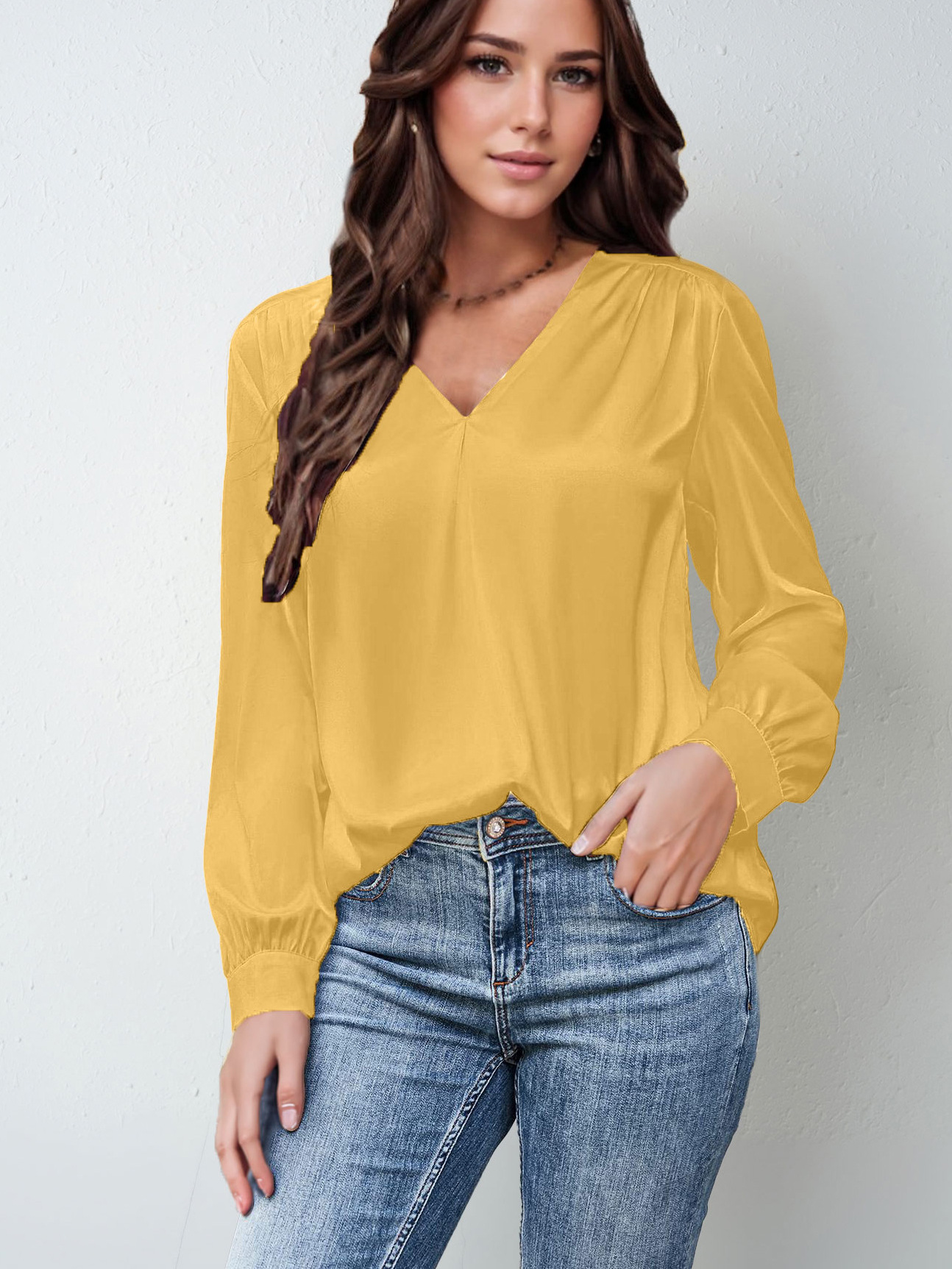 Picture of 2025 Amazon Popular Women's Clothing Satin Pleated Long-Sleeved Top V Neck Casual Loose Satin Commuter Shirt