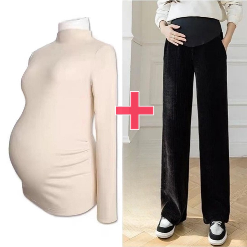 Picture of Pregnant women's clothing fashion spring autumn winter two-piece pregnant women adjustable abdominal pants solid color velvet warm bottoming shirt suit