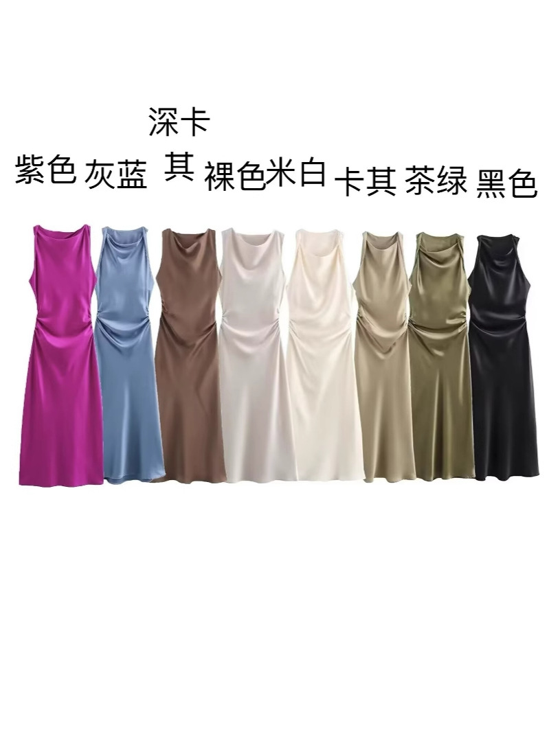 European and American cross-border women's clothing wholesale women's silk satin texture sleeveless midi dress