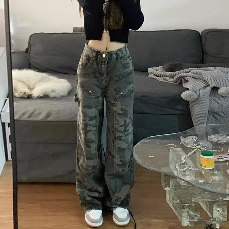 European and American style hot girl camouflage casual jeans women's autumn and winter workwear straight design sense high street pants ins fashion