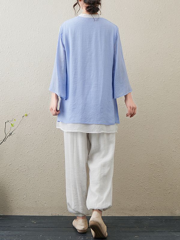 Picture of 2023 Summer New Cotton and Linen Zen Tea Suit Nine-point Sleeve Top Stretch Waist Trousers Yoga Suit Two-piece Suit for Women