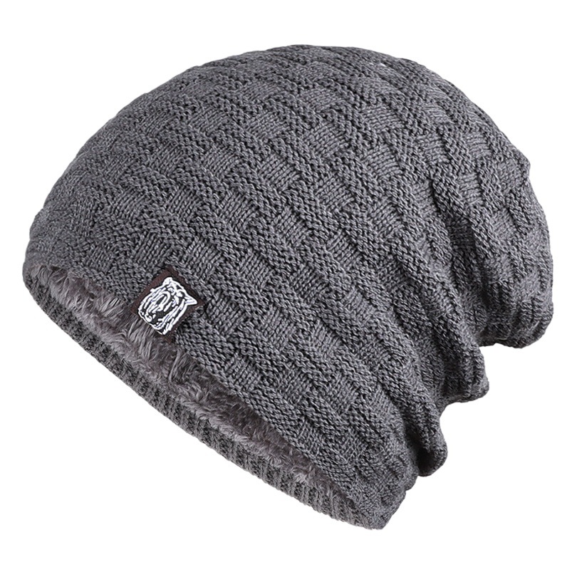 2021 Winter Men's European and American Style Distinctive Tiger Head Pattern Cloth Label Knitted Hat Outdoor Warm Cold-proof Wool Hat