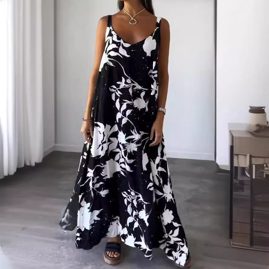 Cross-Border European and American Vacation Long Skirt 2024 Summer Independent Site Amazon New Printed Suspender Backless V-Neck Jumpsuit