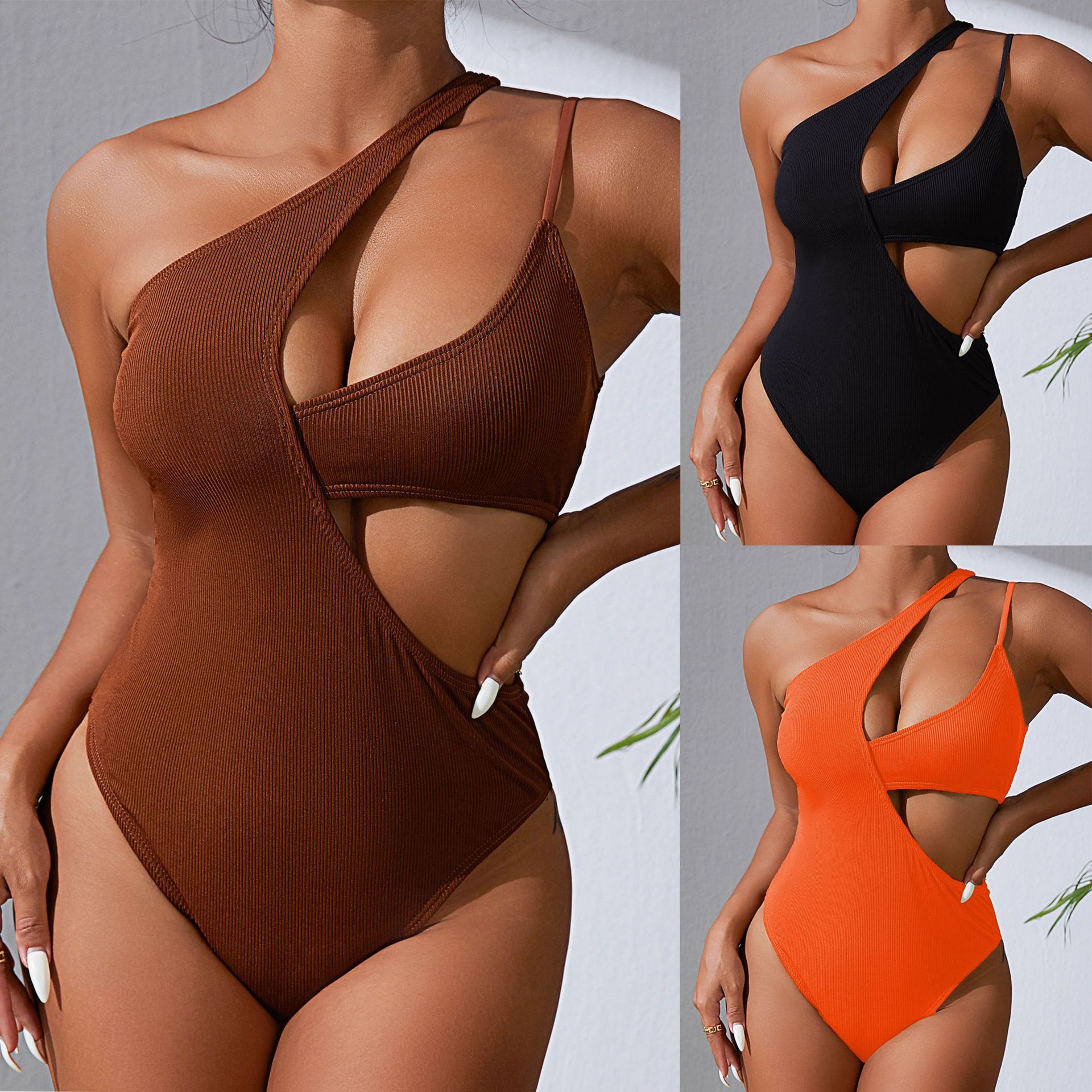 Dazzling wave AliExpress swimsuit 2023 new European and American solid color pit sexy hollow one-piece swimsuit bikini in stock