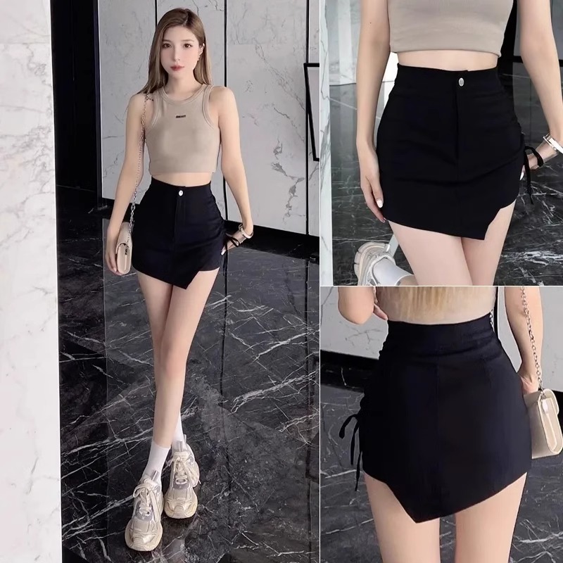Irregular Drawstring Black Skirt Women's Summer Hot Girl High Waist A- Line Suit Skirt Elegant Slim-fit Hip Skirt