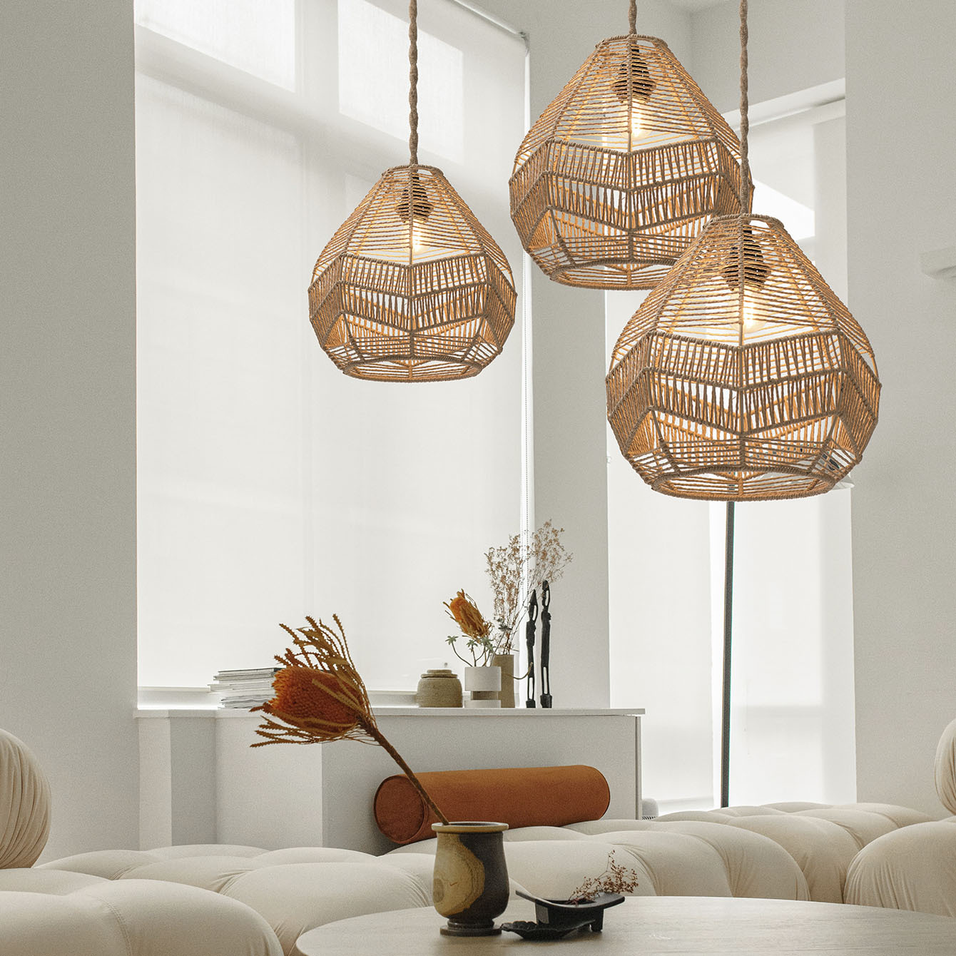 Picture of Hand-woven paper rope lampshade imitation rattan retro chandelier pastoral style rattan art homestay tea room restaurant creative lighting