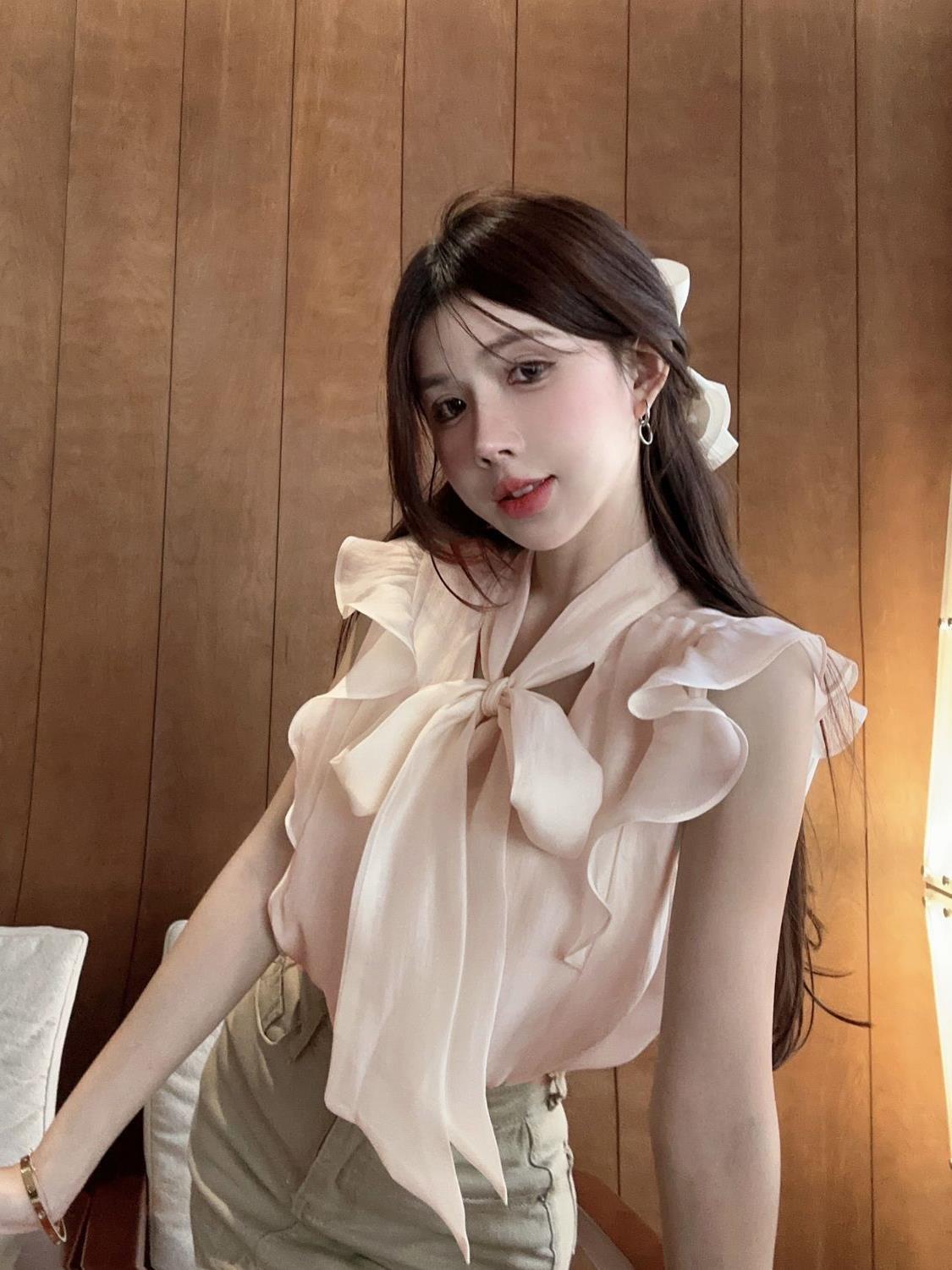 French 1/ 4inch Socket Wrench Sleeve Shirt Women's Summer Sweet and Gentle Bow Chic Shirt Design