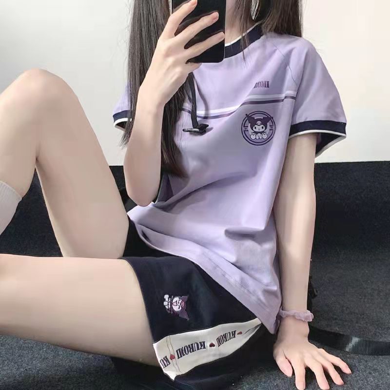 Cross-Border Purple Sports Suit for Women 2025 Summer Student Casual Large Size Sportswear Short-Sleeved Shorts Two-Piece Set