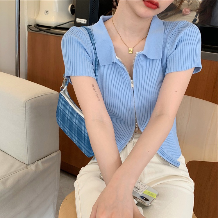 European and American Retro Fashionable Lapel Zipper Knitwear Women's 2021 Spring and Summer New Waist Slimming Short-sleeved Ice Silk Top