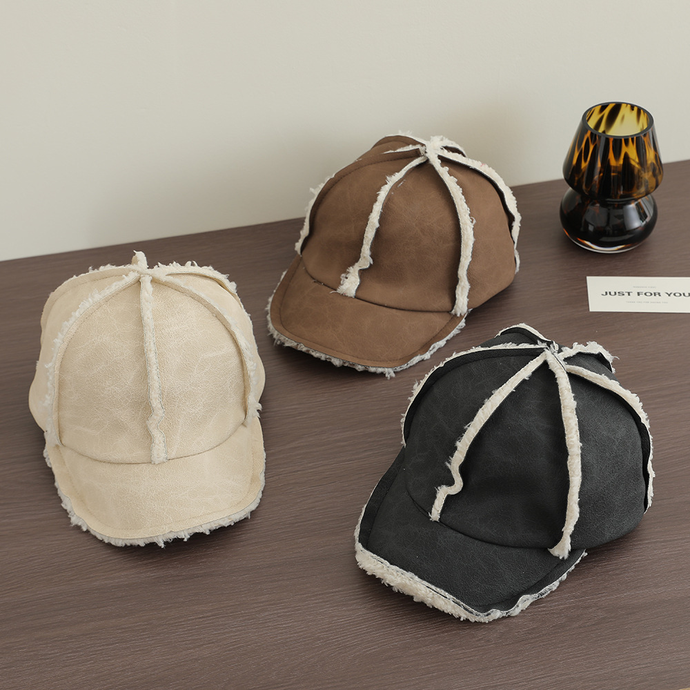 Vintage Leather Stitching Warm Baseball Cap Trendy Boy's Cap Winter fleece-lined Baseball Cap Cold-proof Thickened Warm Baby Boy's Cap