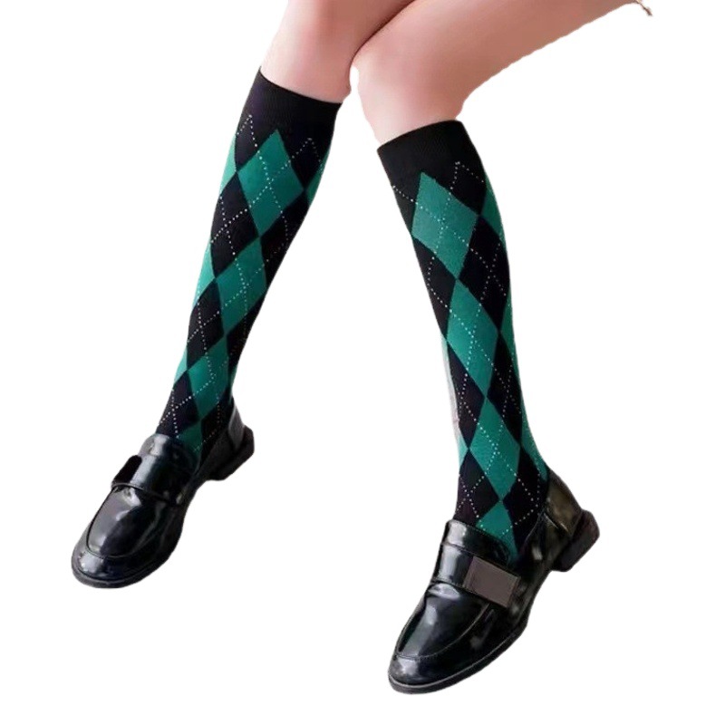 Spring and Autumn Black and White Rhomboid Stocking Women's ins Fashionable High Stocking Calf Distinctive Japanese Stylish Stocking