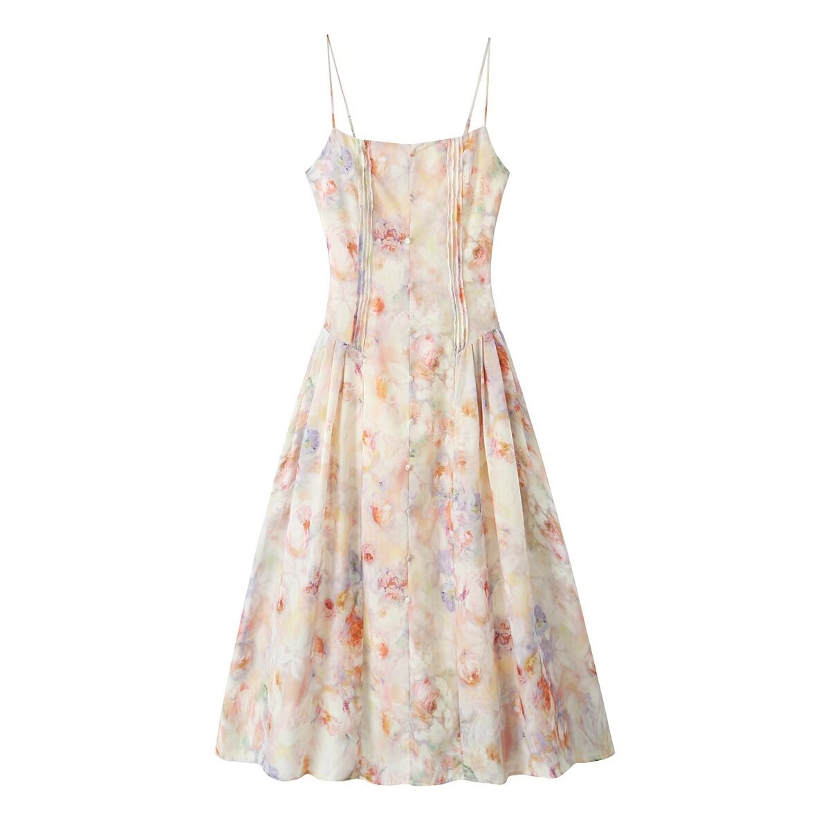 2024 New Sweet Floral Print Slim-fit Large Swing Midi Dress French Square Neck Sexy Slim-fit Sling dress